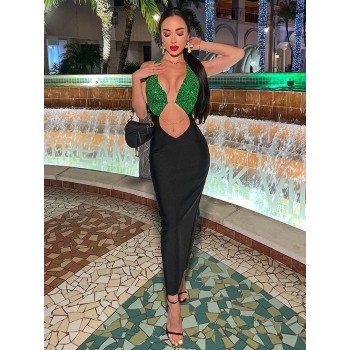 Slim Maxi Dress Women Fashion Green Sequins Patchwork Long Dress 2022 Summer Elegant Cut Out 